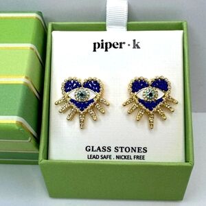 ✨️👁 Piper K Blue and Gold Evil Eye Glass Stone Stud  Earrings ✨️👁